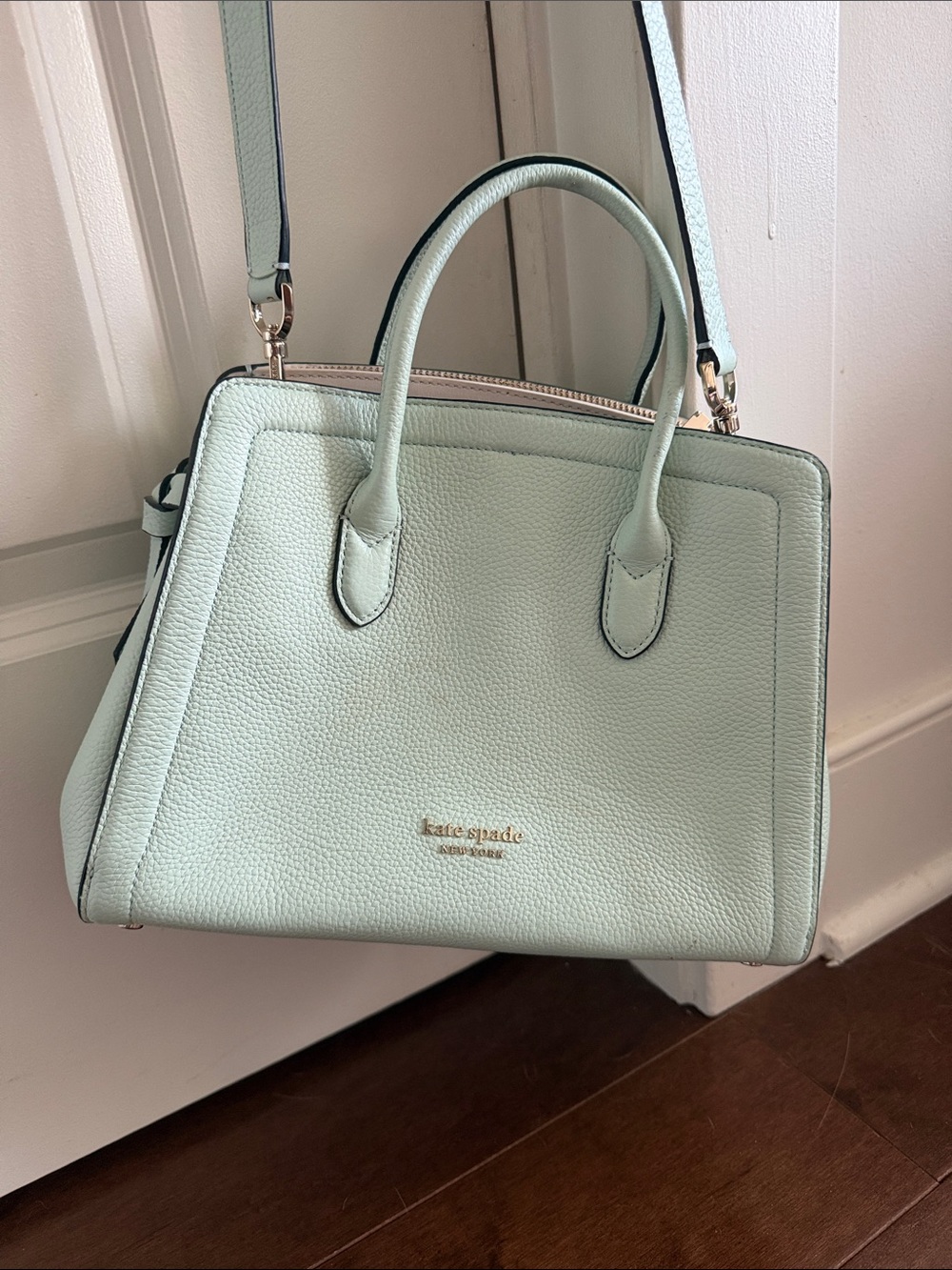 kate spade mint green pebbled leather satchel with gold hardware